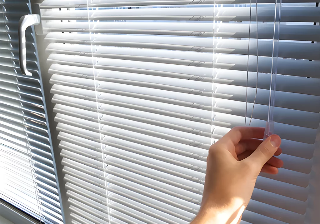 Eine Hand bedient den Wendestab einer Innenjalousie