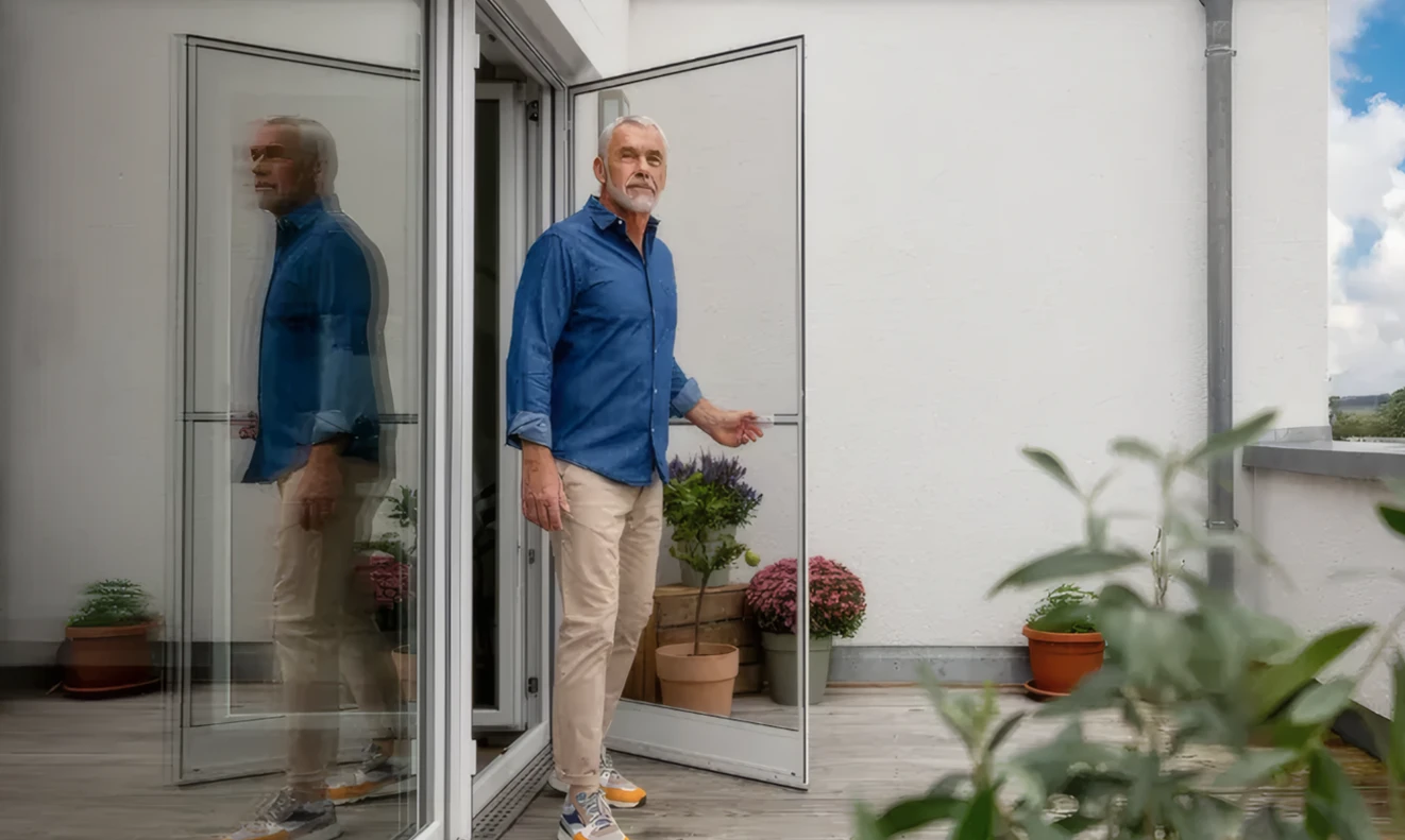 Ein älterer Mann hält eine Insektenschutz-Drehtüre auf seiner Terrasse