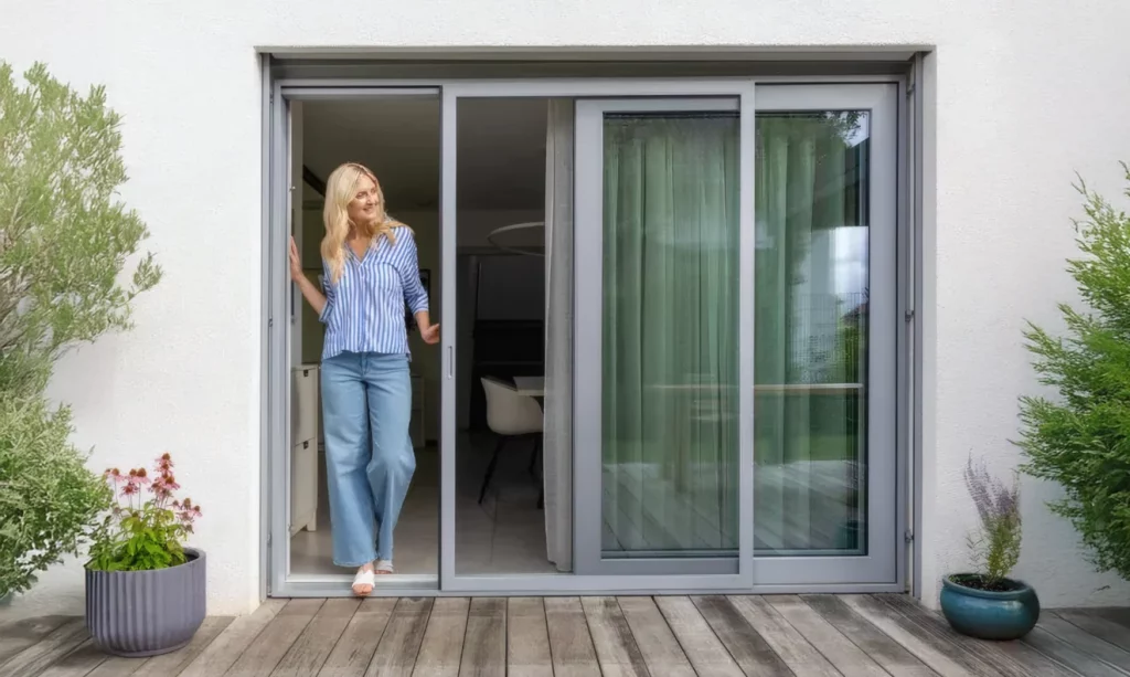 Frau steht in einer Insektenschutz-Schiebetüre vor ihrer Terrasse