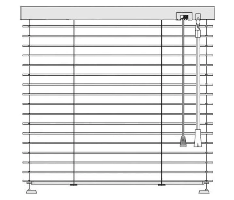 Skizze Isolierglasfenster-Jalousie mit Schnurauslass vorne und PLEXI-Glaswendestab vorne, Lamellenbreite 25 mm