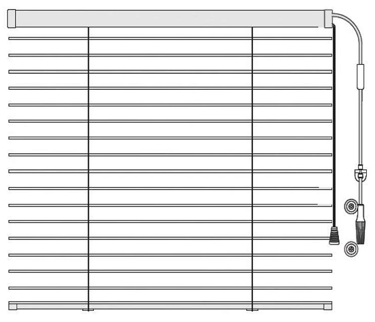 Isolierglasfenster-Jalousie mit seitlichem Auslass für Zugschnur und Wendestab, Lamellenbreite 25 mm