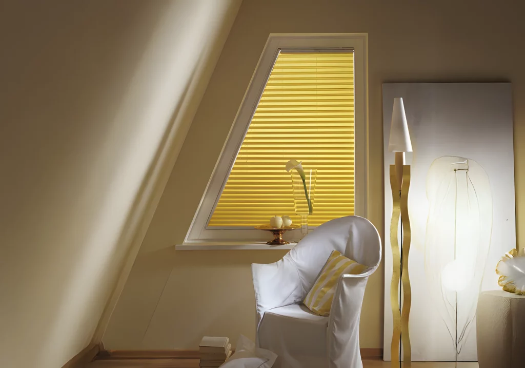 Plissee/Faltstore mit farbigem Stoff, Anwendung im Seitenfenster einer Dachschräge
