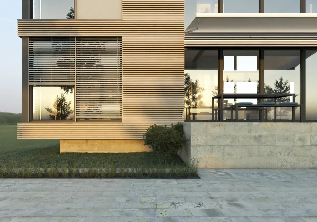 Modernes Haus mit Raffstore-Sonnenschutz vor den Fenstern