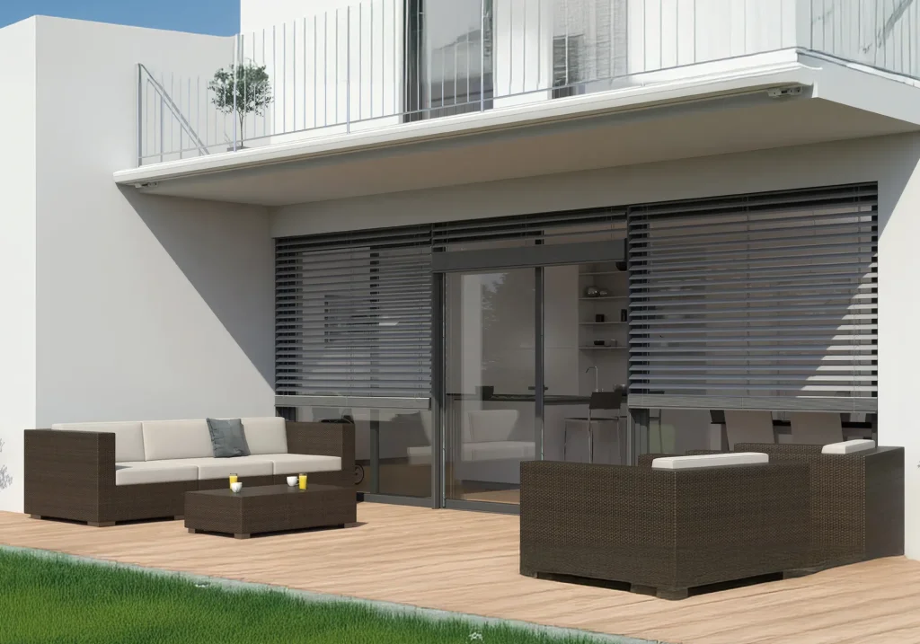 Terrasse von einem modernen Haus mit Raffstore-Sonnenschutz vor den Fenstern