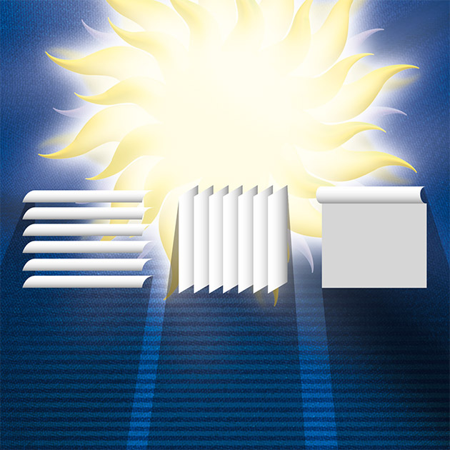 Grafik mit Sonne und einer Jalousie, einer Vertikaljalousie und einem Rollo