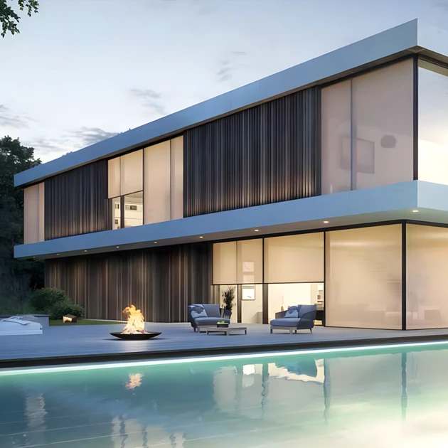 Mehrere textile Screens auf einem modernen Haus montiert