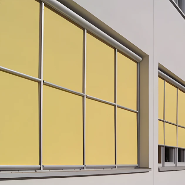 Windsicherung für textile Screens: eine mittlaufende Schiene, die das Ausbauchen des Behangs verhindert